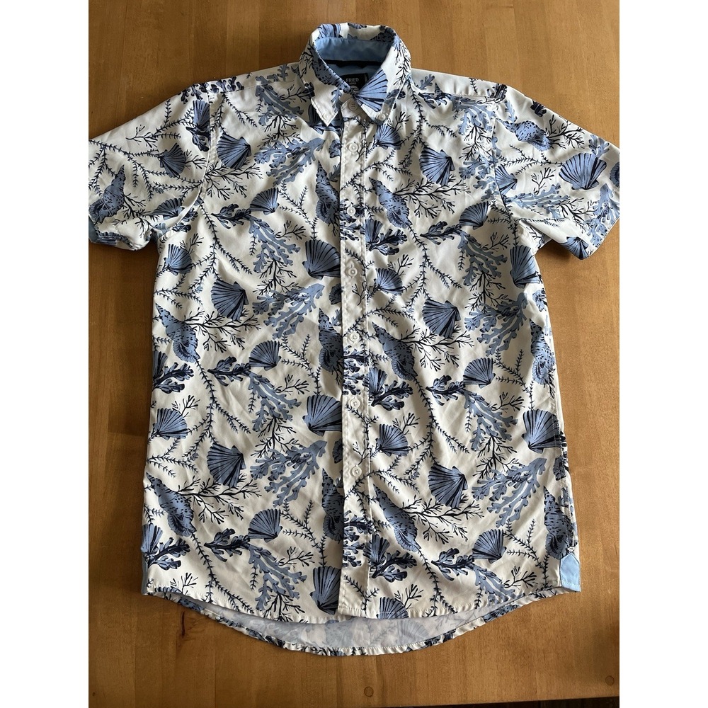 Fried Denim NYC‎ Mens Shirt Small Blue Sea Shell Coral Print Slim Fit Casual